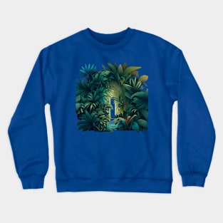 A design featuring a lush jungle scene with a hidden oasis tucked away within it. Crewneck Sweatshirt